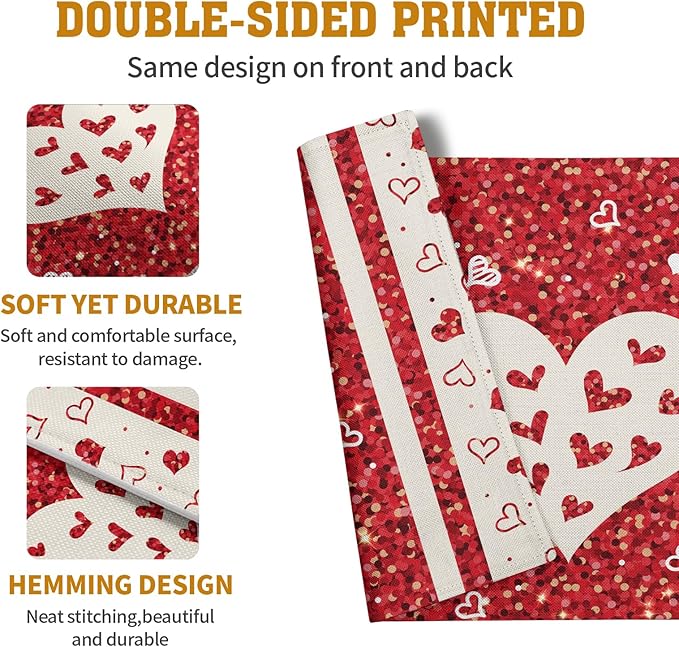 Valentine Hearts Placemats Set of 4, 12x18 Inch Red White Love Heart Linen - Image 5
