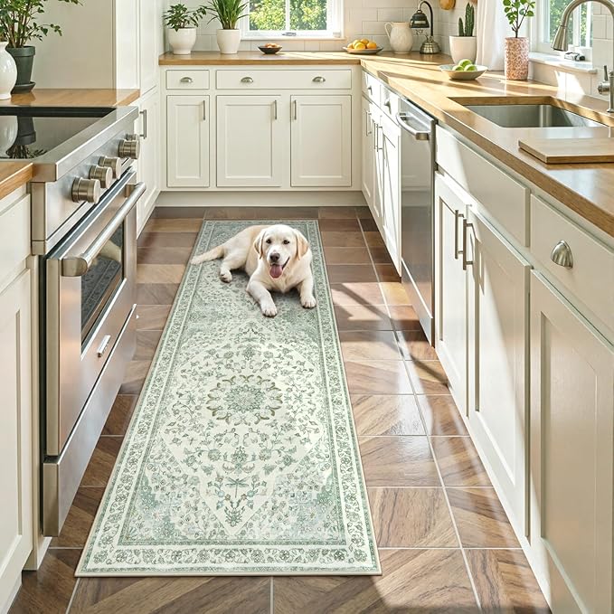 Moynesa Vintage Washable Green Runner Rug - Image 2