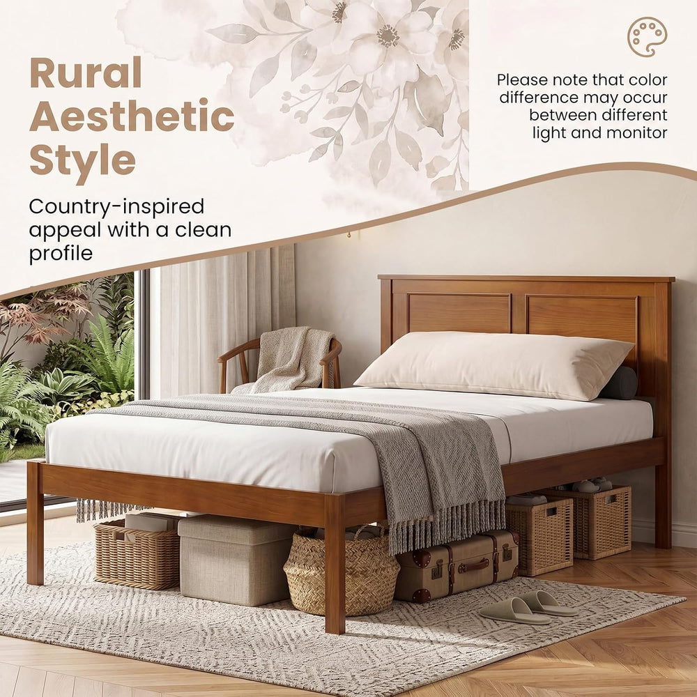 KOMFOTT Twin Size Bed Frame, Farmhouse Wooden Platform Bed with Headboard