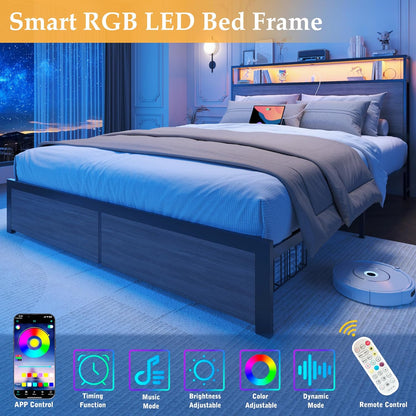 queen bed frame with charging station, led lights, close-up detail