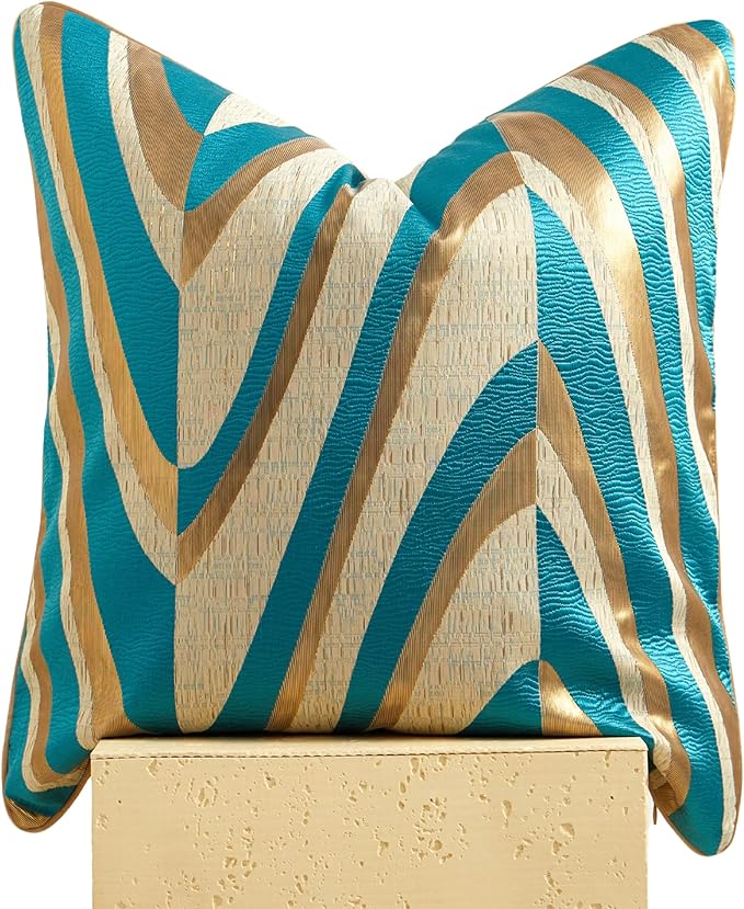 THE-TINOART Turquoise Jacquard V Striped Throw Pillow Cover 20x20 Inch Metallic by Unknown