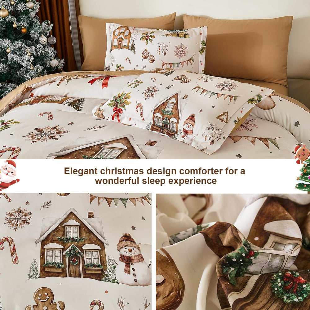 Luxudecor Christmas Comforter Set Queen Size 7 Pieces, Beige Farmhouse Bed in...