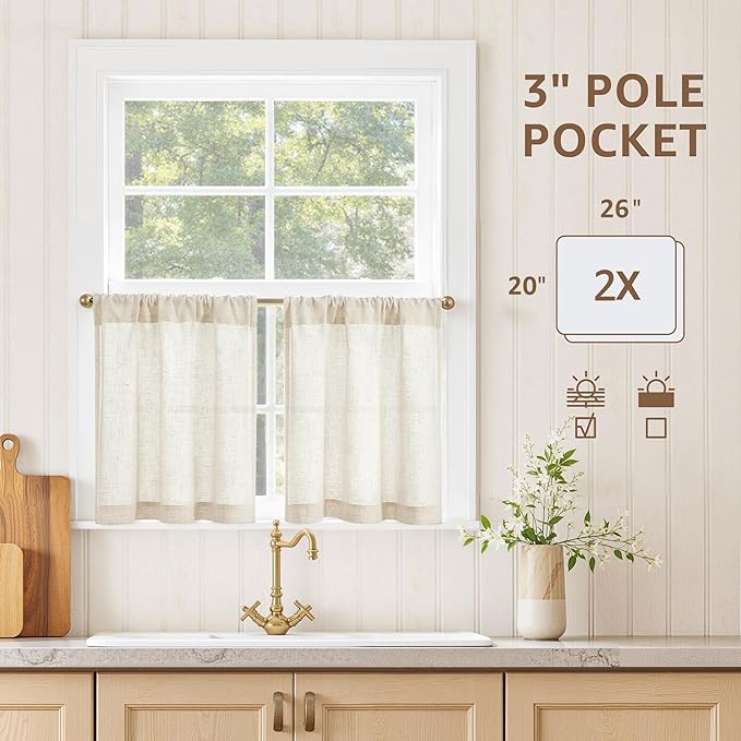 jinchan Kitchen Curtains Linen Tier Curtains 20 Inch Farmhouse Cafe Style - Image 3