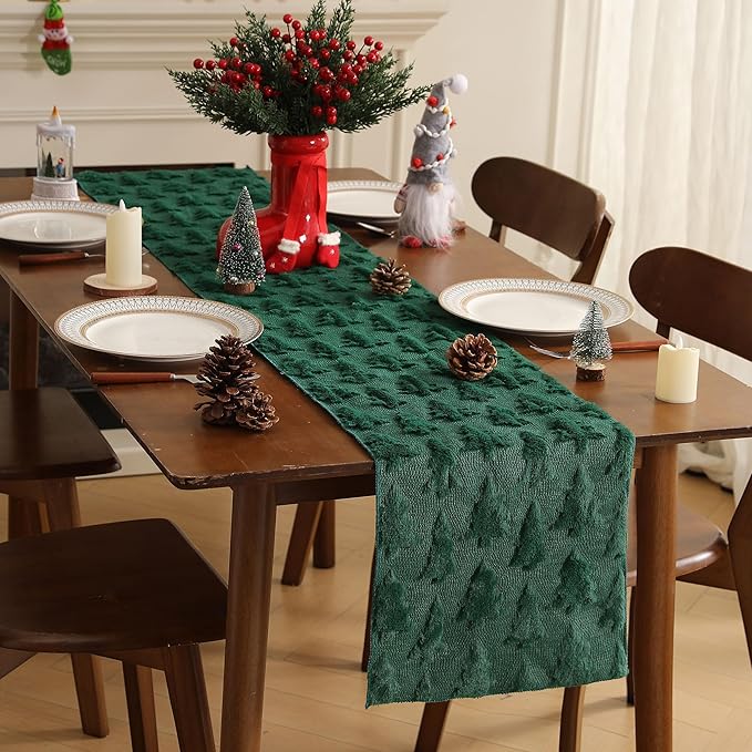Christmas Tbale Runner 13x72 Inch Soft Plush Faux Fur Jacquard Green Big Small - Image 6