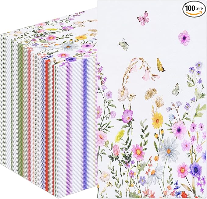 100 Pack Wildflower Butterfly Paper Napkins – 13 x 16 Inches Unfolded, 3-Ply by Wobeny
