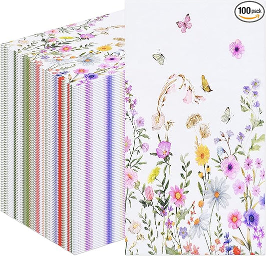 100 Pack Wildflower Butterfly Paper Napkins – 13 x 16 Inches Unfolded, 3-Ply by Wobeny
