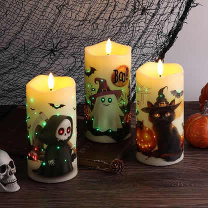 Eywamage Fiber Optic Halloween Flameless Pillar Candles with Remote 3 Pack