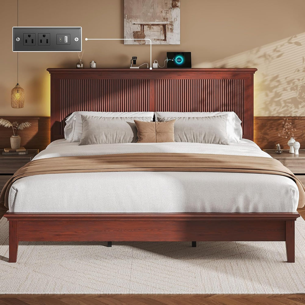 Lifezone King Bed Frame with Headboard, Solid Wood Bed Frame King Size with C...