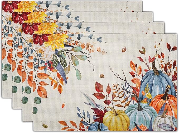 Giwawa Fall Thanksgiving Placemats Set of 4 Watercolor Autumn Pumpkins Floral by Giwawa