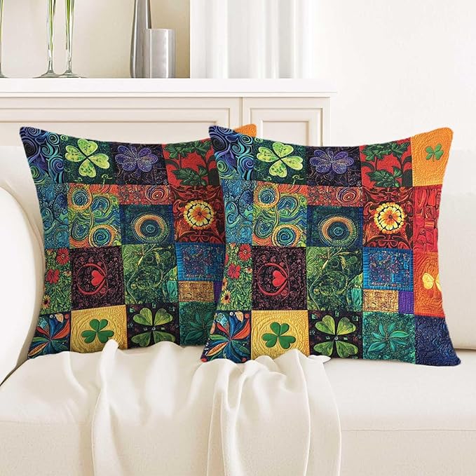 Printed Patchwork Shamrock Throw Pillow Covers 18x18 Set of 2 | St. Patrick’s by Unknown