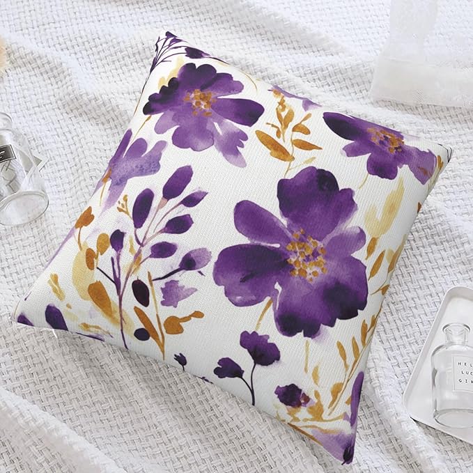 Purple Floral Throw Pillow Covers 18X18 Inch Set of 2, Decorative Violet and - Image 4
