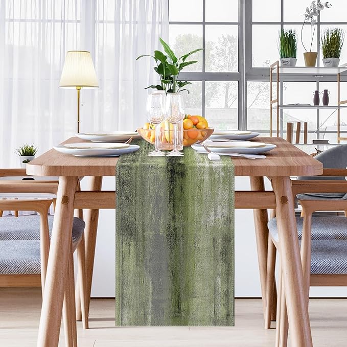 Emvency Farmhouse Table Runner, Vintage Olive Green and Grey Abstract Art - Image 5