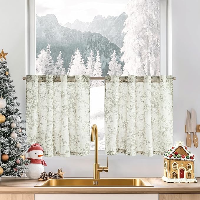 jinchan Linen Floral Tier Curtains 24 Inch Christmas Decorations Farmhouse by JINCHAN