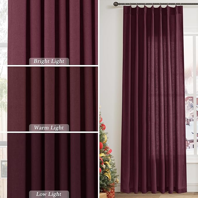 Burgundy Pinch Pleated Linen Curtains 72 Inch Length 2 Panels - Image 3