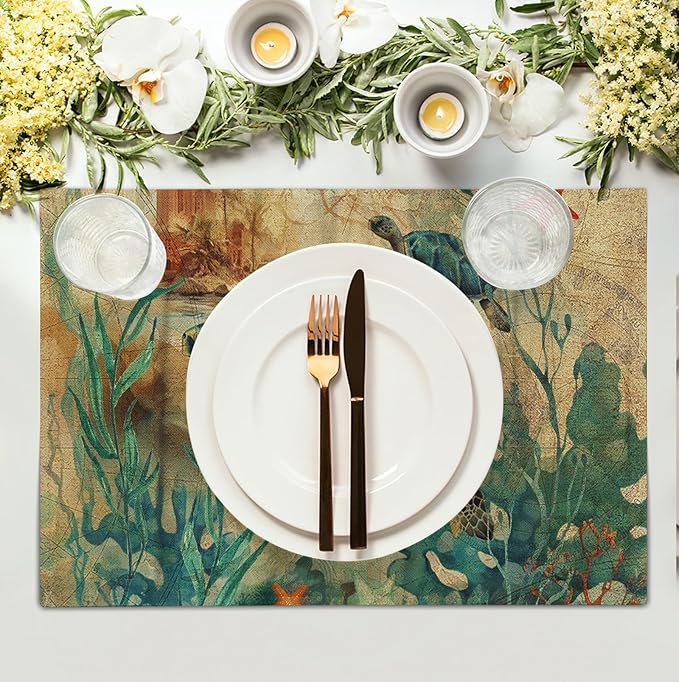 Sea Turtle Placemats Set of 4 Summer Beach Seasonal Linen Table Mats 12x18 Inch - Image 3