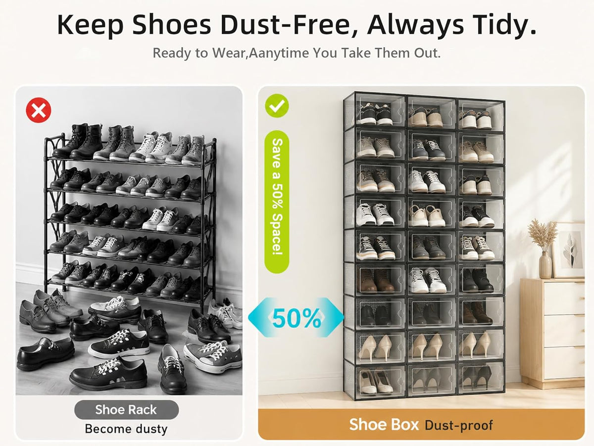 kuject x-large shoe storage boxes 12 pack, clear on a desk or shelf