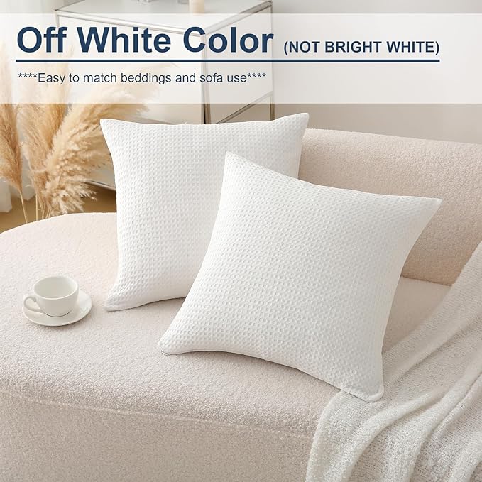 2 Pack Off White Waffle Throw Pillow Covers, 100% Cotton Farmhouse Decorative - Image 2