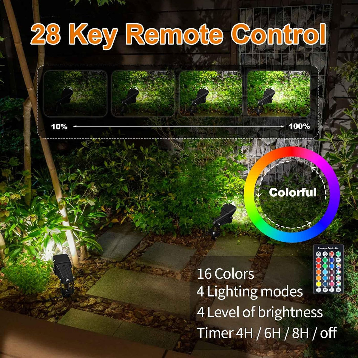 RGB Spot Lights with Timer, Halloween 10W 120V Color Changing Outdoor Metal Case Landscape SpotLights IP65 Waterproof Spotlight with Stake Stand for Yard Garden Lawn Patio, 4 Lights