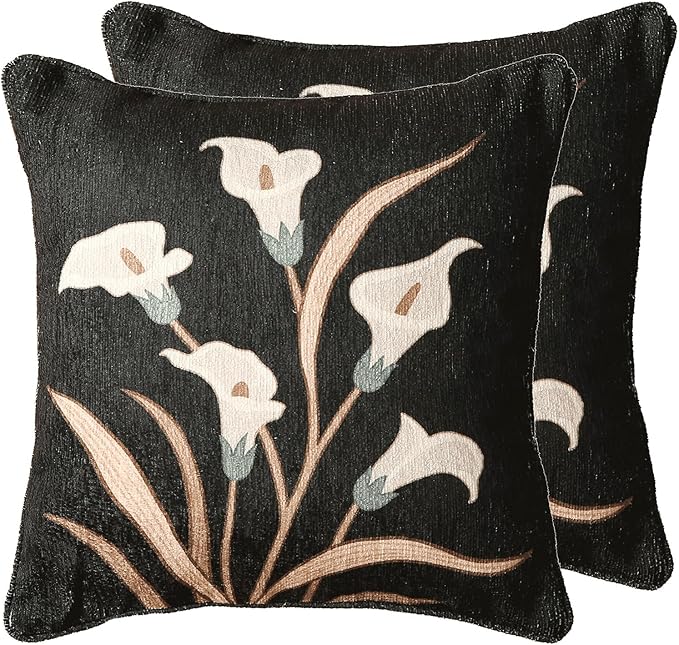 Black Linen Throw Pillow Covers Set of 2, Elegant Floral White Calla Lily by bilingaier