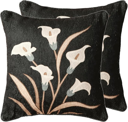 Black Linen Throw Pillow Covers Set of 2, Elegant Floral White Calla Lily by bilingaier