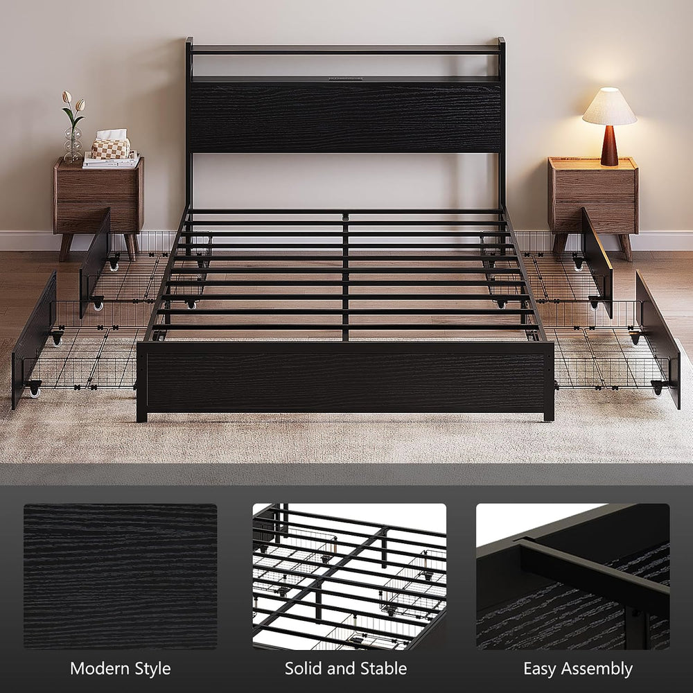 VINGLI Queen Platform Bed Frame with 4 Storage Drawers and Adjustable Headboa...