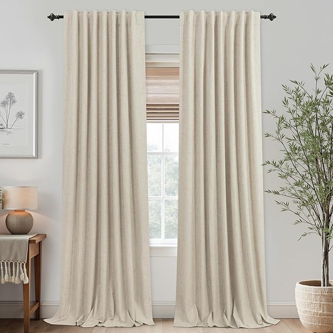 KOUFALL 132 Inch Extra Long Blackout Curtains, Linen Beige Pleated Back Tab by KOUFALL