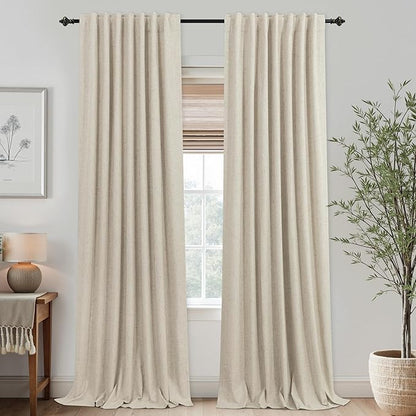 KOUFALL 132 Inch Extra Long Blackout Curtains, Linen Beige Pleated Back Tab by KOUFALL