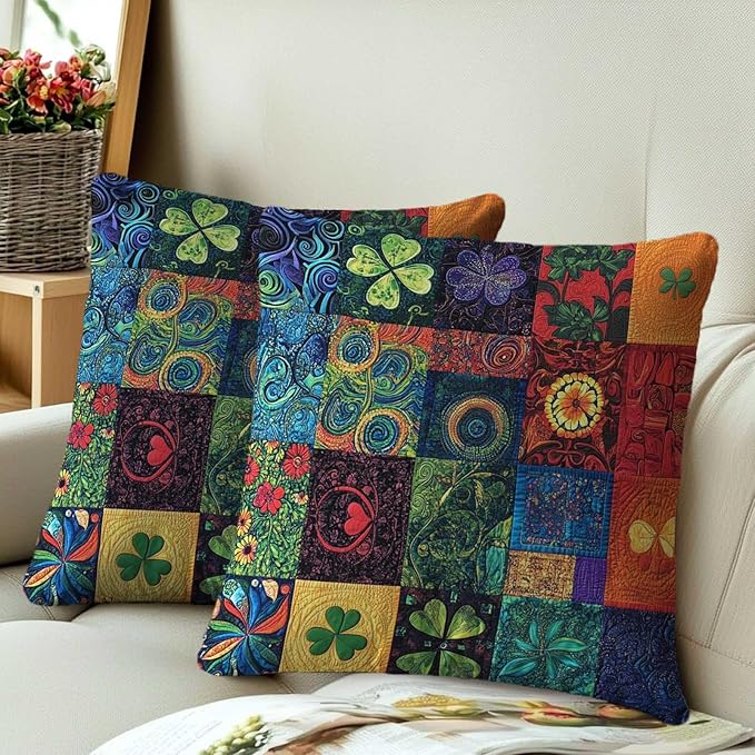 Printed Patchwork Shamrock Throw Pillow Covers 18x18 Set of 2 | St. Patrick’s - Image 3
