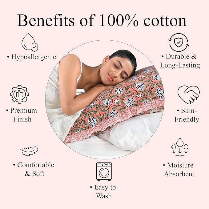 Ridhi Dark Salmon Pink 100% Cotton Block Print Ruffle Bed Sham Cover 20''×26'' - Image 5