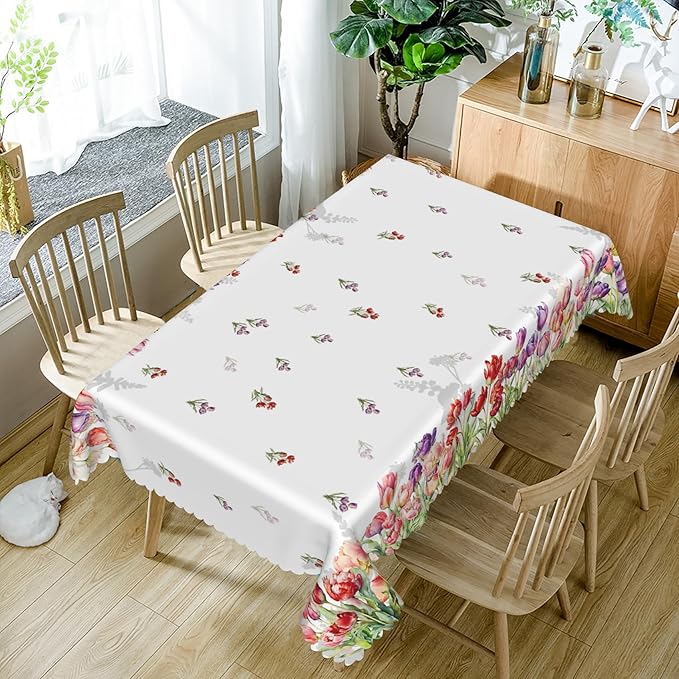 54x86inches Floral Tablecloth Red Purple Tulip Flowers Blooming Rectangle Table - Image 5