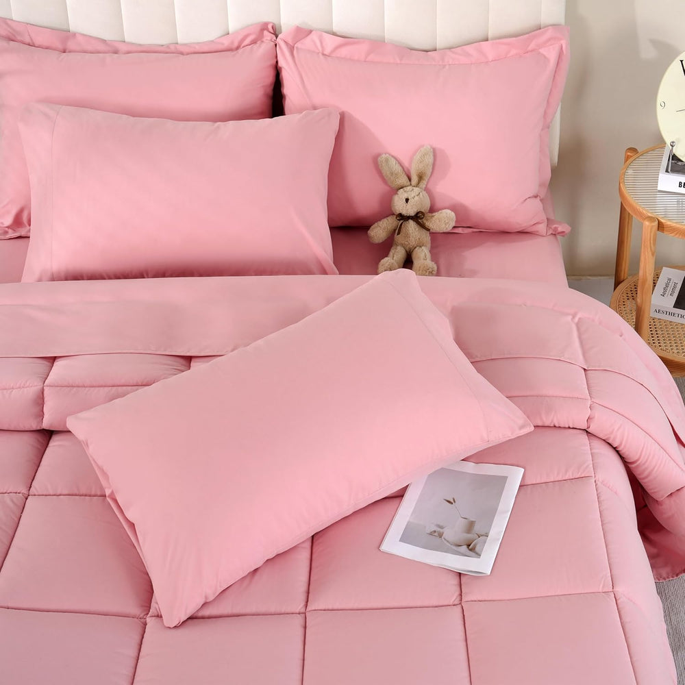 DOWNCOOL Full Size Comforter Sets, 7Pcs Full Size Bedding Sets Pink, All Seas...