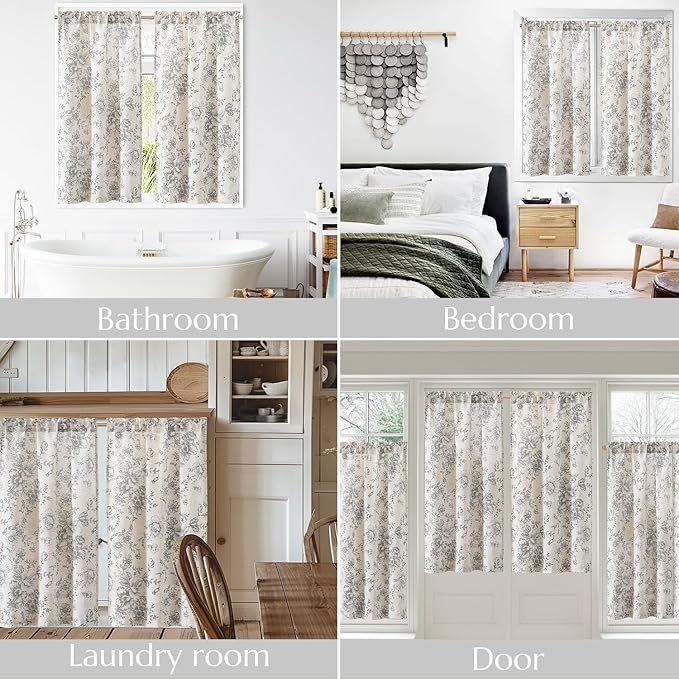 jinchan Floral Linen Tier Curtains 45 Inch Farmhouse Botanic Cafe Drapes - Image 7