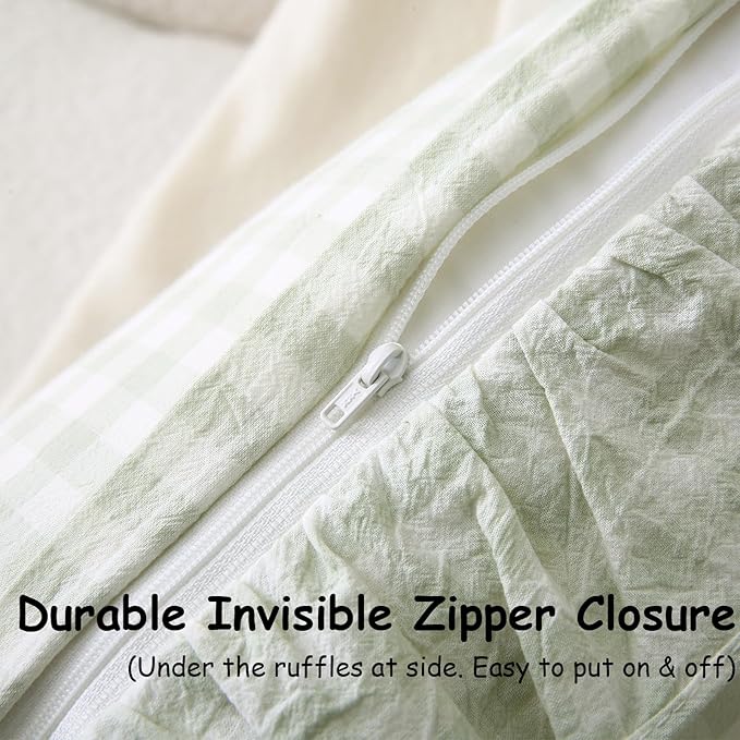 2 Pack Pile Green White Plaid Ruffle Gingham Throw Pillow Covers, 100% Washed - Image 5