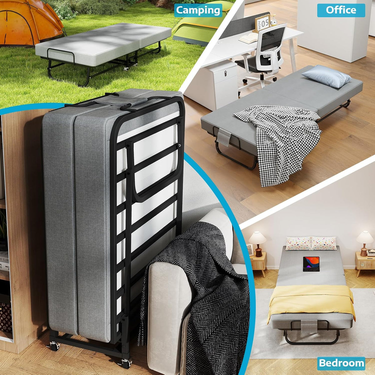 folding bed with mattress for adults, portable foldable, front angle view
