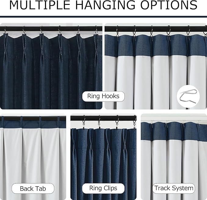 Vision Home Navy Blue Pinch Pleated Full Blackout Curtains Linen Blended Room - Image 4