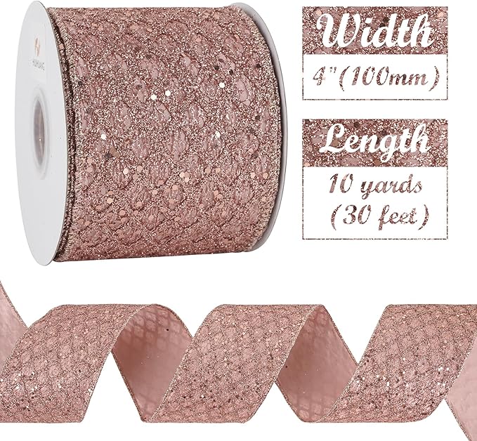 HUIHUANG Rose Gold Christmas Ribbon 4 inch Rose Gold Glitter Wired Ribbon - Image 2