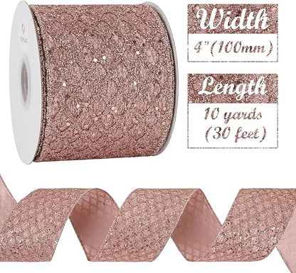 HUIHUANG Rose Gold Christmas Ribbon 4 inch Rose Gold Glitter Wired Ribbon - Image 2