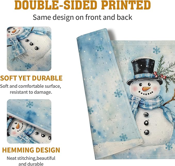Blue Snowman Snowflake Winter Placemats Set of 4 Seasonal Christmas Linen Table - Image 5