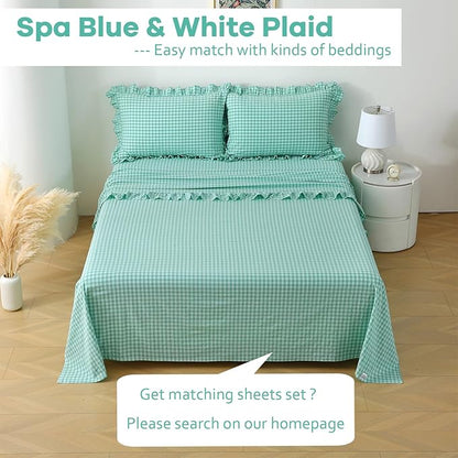 2 Pack Spa Blue White Plaid Ruffle Gingham Euro Pillow Sham Covers, 100% Washed - Image 2