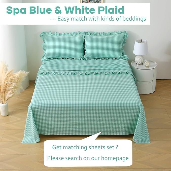 2 Pack Spa Blue White Plaid Ruffle Gingham King Size Pillow Shams, 100% Washed - Image 2