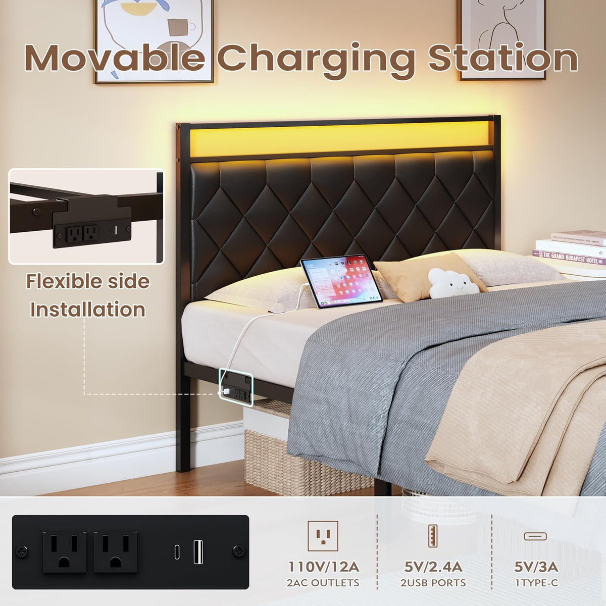 queen size bed frames with charging station &, side view