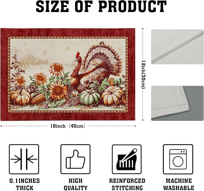 Giwawa 4PCs Thanksgiving Placemats 12x18 Inch Fall Harvest Turkey Autumn - Image 4