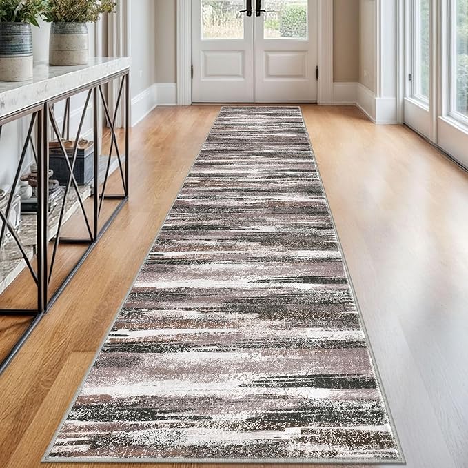 Modern Abstract Runner Rug 2.6x12, Dark Light Brown White Washable Long Kitchen by lansny