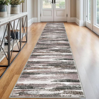 Modern Abstract Runner Rug 2.6x12, Dark Light Brown White Washable Long Kitchen by lansny
