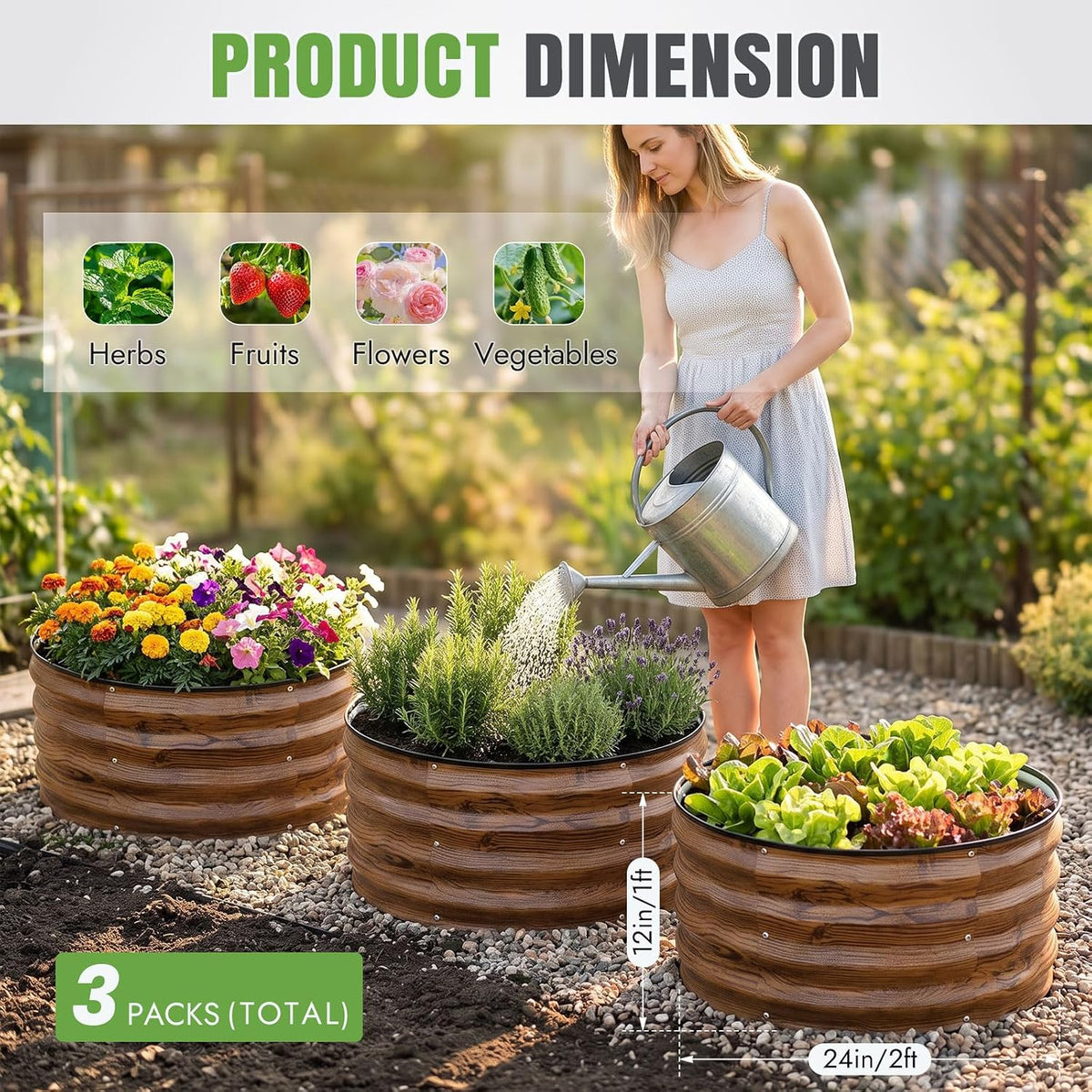 inno stage 3 pcs round galvanized raised garden shown in use