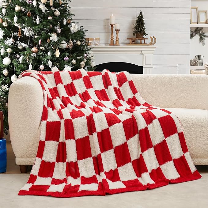 Snuggle Sac Red Checkered Christmas Blanket, Fluffy Faux Fur Ultra Soft Warm - Image 3