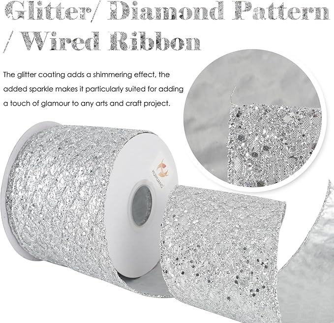 HUIHUANG Silver Christmas Ribbon 4 inch Silver Glitter Wired Ribbon Diamond - Image 2