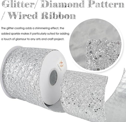 HUIHUANG Silver Christmas Ribbon 4 inch Silver Glitter Wired Ribbon Diamond - Image 2
