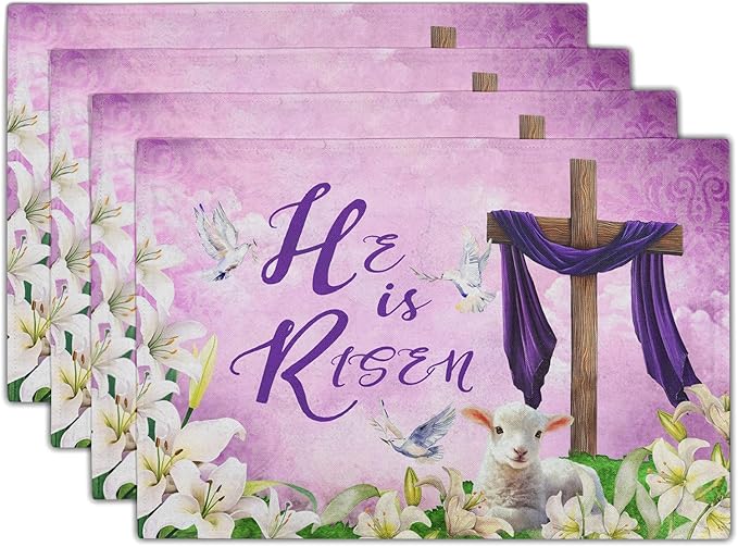 Giwawa He is Risen Placemats, Easter Cross Lamb Linen Washable Place Mat by Giwawa