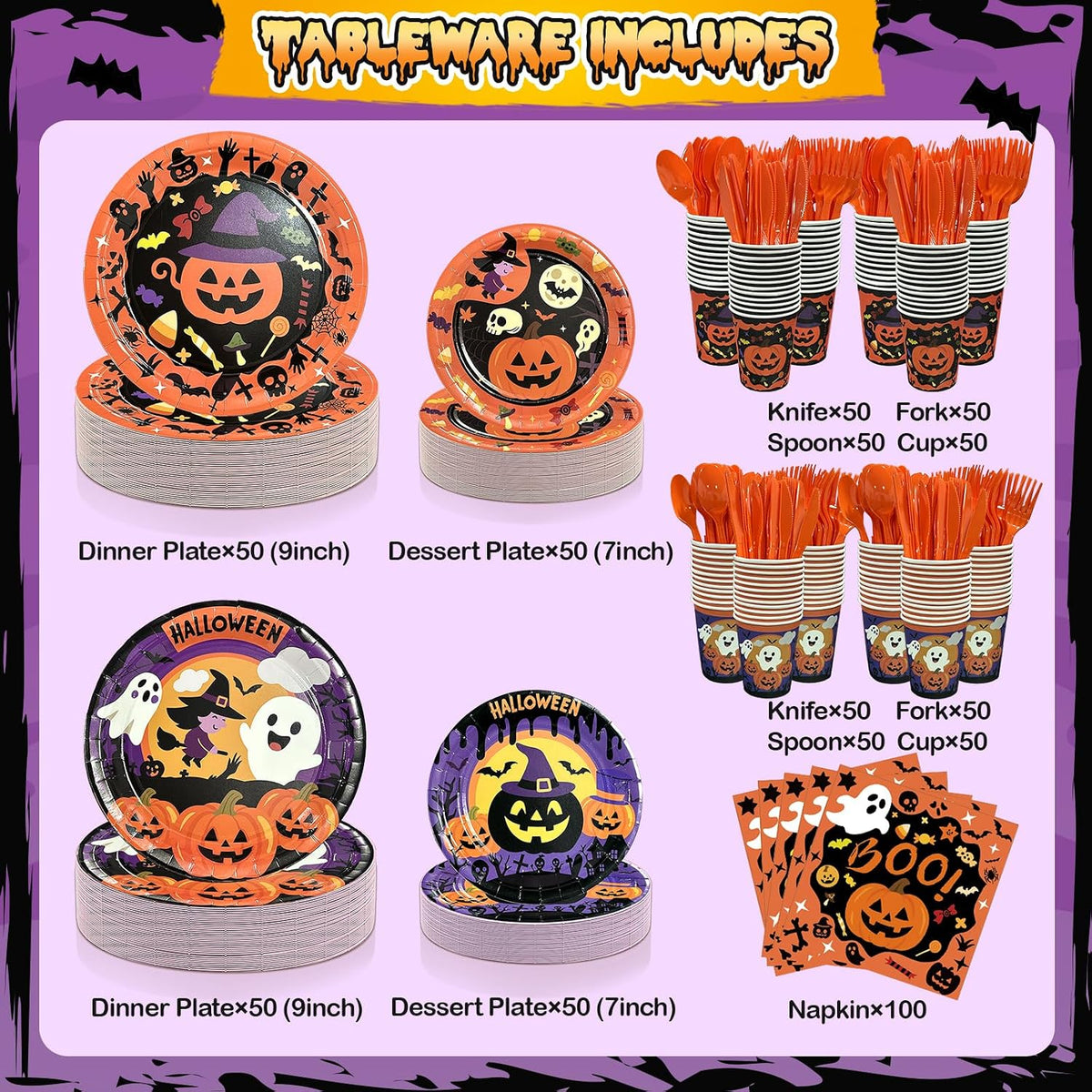 UJoyant 700 PCS Halloween Plates and Napkins Sets, Halloween Party Supplies Includes Disposable Plates Dessert Plates Napkins Cups Plastic Knives Forks Spoons Disposable Dinnerware Set （100 Guest